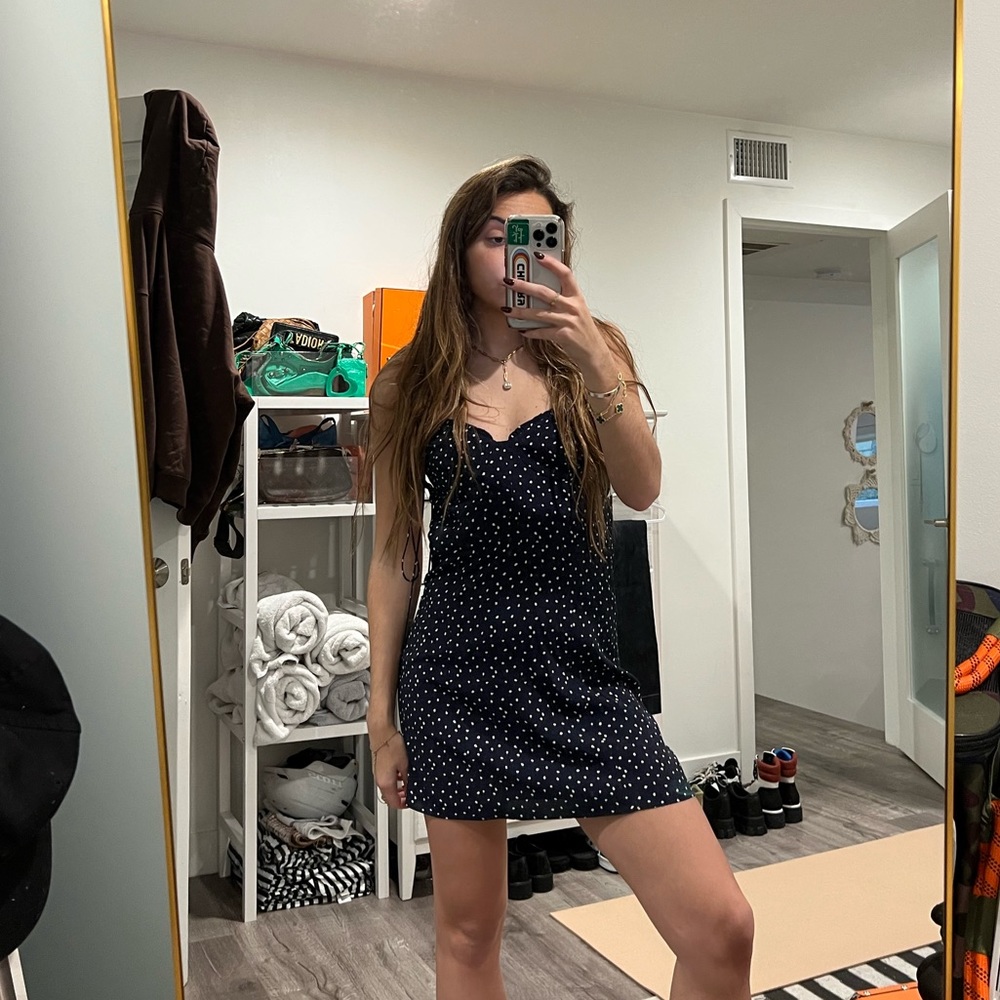 Aritzia Blue Polka Dot Mini Dress with tie shoulders